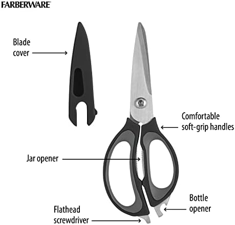 Farberware 4-in-1 Kitchen Shears with Sheath, Grey and Black
