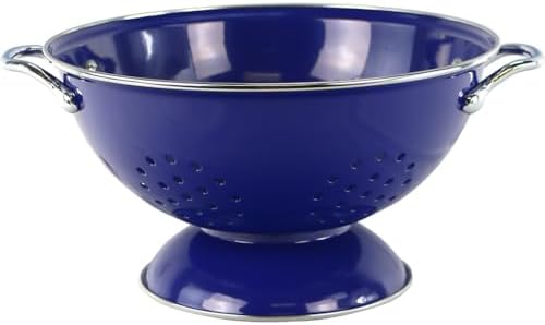 Reston Lloyd, 3 Quart Powder Coated Steel Kitchen Strainer Basket for draining Pasta, Vegetable and Fruit, Chrome Handles and Wide Stable Base, Indigo