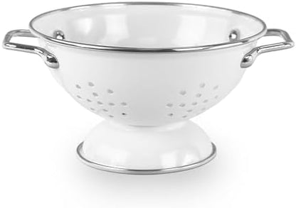 Reston Lloyd, 1 Quart Powder Coated Steel Kitchen Strainer Basket for draining Pasta, Vegetable and Fruit, Chrome Handles and Wide Stable Base, White