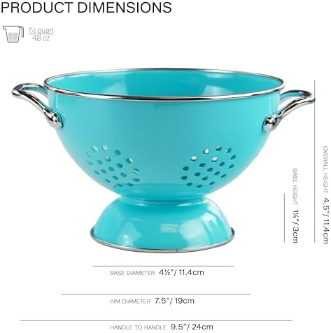 Reston Lloyd, 1.5 Quart Powder Coated Steel Kitchen Strainer Basket for draining Pasta, Vegetable and Fruit, Chrome Handles and Wide Stable Base, Aqua-Blue