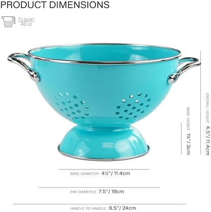 Reston Lloyd, 1.5 Quart Powder Coated Steel Kitchen Strainer Basket for draining Pasta, Vegetable and Fruit, Chrome Handles and Wide Stable Base, Aqua-Blue