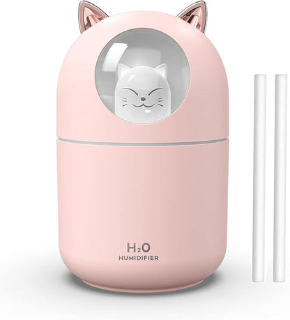 Portable 300ml Mini Cool Mist Humidifier With Night Light, USB Auto Shut-Off, Ultra-Quiet, 2 Spray Modes for Home Office Travel (Pink)