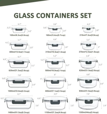 KOMUEE 30 Pieces Glass Food Storage Containers Set with Lids, Gray