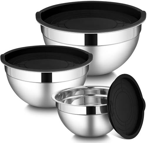 LIANYU Mixing Bowls with Lids Set of 3, Stainless Steel Nesting Metal Bowls