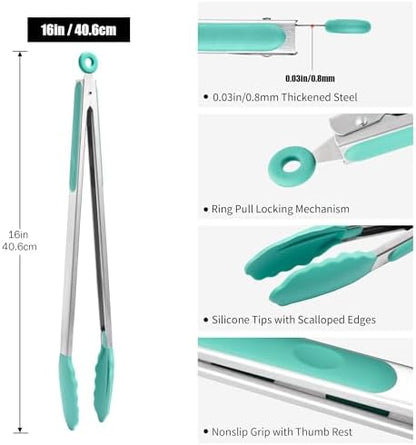 Doosu Kitchen Tongs with Silicone Tips for Cooking Serving (16in, Aqua Sky)