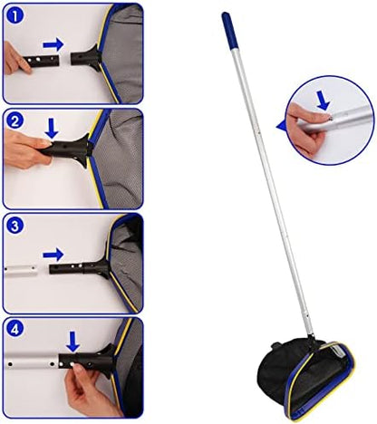 Poolvio Pool Deep Skimmer Net with 3ft - 10ft 1.0mm Thick Adjustable Aluminum Pole & Fine Mesh Bag Leaf Skimmer Rake Net for Above Ground & Inground Swimming Pools, Removes All Debris