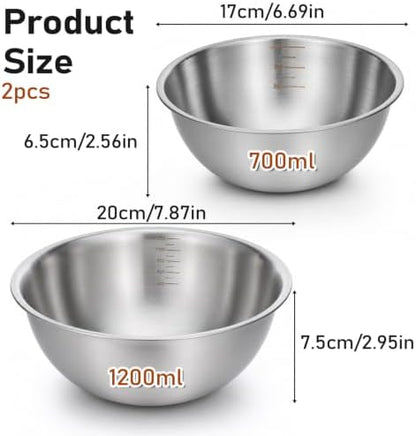 2Pcs Stainless Steel Mixing Bowls 6. 7" 7.8" Metal Bowl, Silver 700/1200ml
