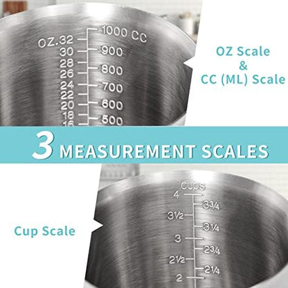 Measuring Cup, [Upgraded, 3 Measurement Scales, Including Cup Scale, ML Scale, Ounce Scale], Newness Stainless Steel Measuring Cup with Marking with Handle, 32 Ounces (1.0 Liter, 4 Cup)