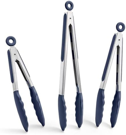 Doosu Kitchen Tongs with Silicone Tips for Cooking Serving (3Pcs, Navy)