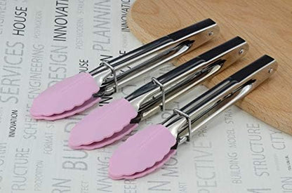 HINMAY 7-Inch Serving Tongs with Silicone Tips, Set of 3 (Pink)