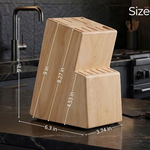Kitchen knife holder elegant & sturdy (15 slots). Universal knife block with slots for knives, scissor and sharpenner. Knife Block without Knives. Kitchen knife holders for counter top. (Rubber Wood)