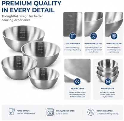 Stainless Steel Mixing Bowls Set of 4 - 9.84", 8.66" , 7.5" & 6" Metal Mixing Bowls, 3.3 Qt, 2 Qt, 1.5 Qt & 1Qt Stainless Steel Salad Bowls, 304 Stainless Steel Bowl for Kitchen, Baking, and Meal Prep