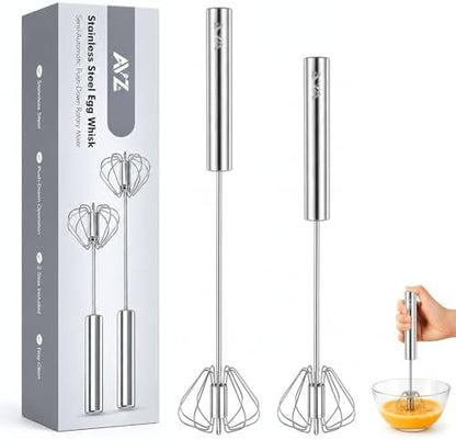 Stainless Steel Semi-automatic Egg Whisk, 2 Pack 7.9in & 11.8in Hand Push Mini Whisk, Effortless Egg Scrambler for Baking Cooking Whisking Beating & Stirring