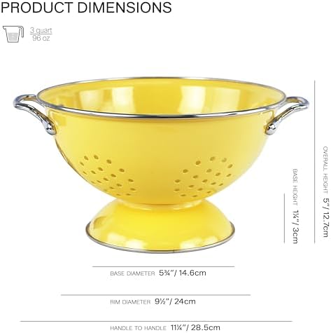 Reston Lloyd, 3 Quart Powder Coated Steel Kitchen Strainer Basket for draining Pasta, Vegetable and Fruit, Chrome Handles and Wide Stable Base, Lemon