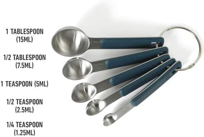 Calphalon Prime Measuring Spoons, Plastic Measuring Spoon Set, 5-Piece Stainless Steel Measuring Spoons Navy Silicone Handle Accurate, Durable for Spices and Small Portions