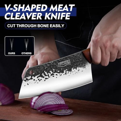 Topfeel 8PCS High Carbon Steel Butcher Knife Set with Leather Roll Bag