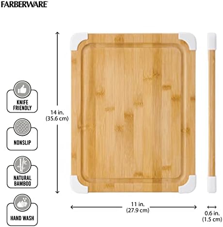 Farberware Nonslip Bamboo Cutting Board with Juice Groove, 11x14 Inch, White