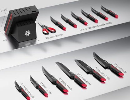 ASETY Knife Set with Block, 15 PCS Kitchen knife Set, Dishwasher Safe, Red
