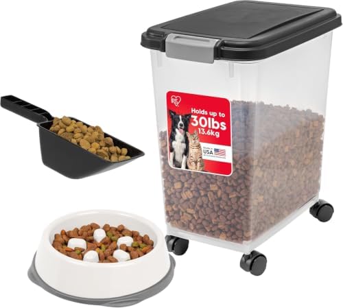 IRIS USA Dog Food Container & Slow Feeder Bowl, Up to 30 lbs, Black