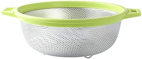 HiramWare Stainless Steel Colander With Handle and Legs, Large Metal Green Strainer for Pasta, Spaghetti, Berry, Veggies, Fruits, Noodles, Salads, 5-quart 10.5” Kitchen Mesh Colander, Dishwasher Safe