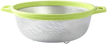 HiramWare Stainless Steel Colander With Handle and Legs, Large Metal Green Strainer for Pasta, Spaghetti, Berry, Veggies, Fruits, Noodles, Salads, 5-quart 10.5” Kitchen Mesh Colander, Dishwasher Safe