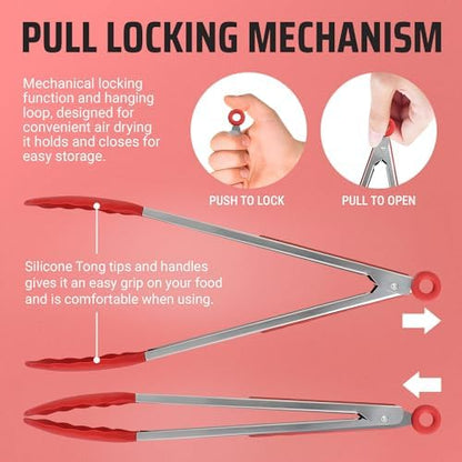 Kaluns Kitchen Tongs for Cooking Grilling Set of 4, BBQ Grill Tongs With Silicone Tip Stainless Steel Heat Resistant, Non-stick Pull Lock, Incl 7, 9, 12 Inch Tong Plus a Silicone Spatula