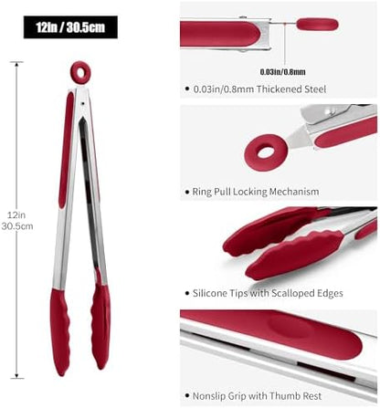 Doosu Kitchen Tongs with Silicone Tips for Cooking Serving (12in, Red)