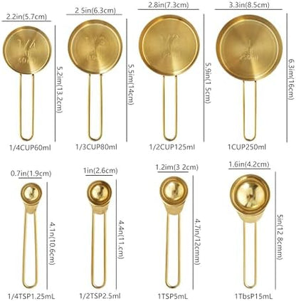 Measuring Cups and Spoons Set, Kaloo 8PCS Stainless Steel Metal Measuring Cups, Gold Finish, Ideal for Cooking and Baking