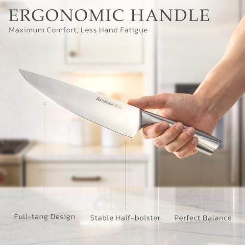 Astercook Knife Set, Kitchen Knives Set with Block and Sharpener Full Tang 15 Pcs Stainless Steel Knives, Dishwasher Safe Knife Set with Anti-Slip Ergonomic Handle, Black, Fathers Day Gift for Men