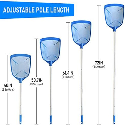 Poolvio Swimming Pool Leaf Skimmer Net, with 5 Sections Telescopic Aluminum Pole & Nylon Medium Fine Mesh Pool Net, Pool Cleaning Tool for Removing Leaves & Debris
