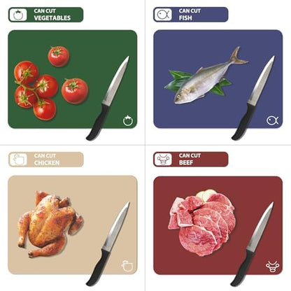 WK Plastic Flexible Cutting Boards for Kitchen Set of 4, Colored Cutting Board Mats with Food Icons, Non-Slip Cutting Mats, BPA Free, Dishwasher Safe