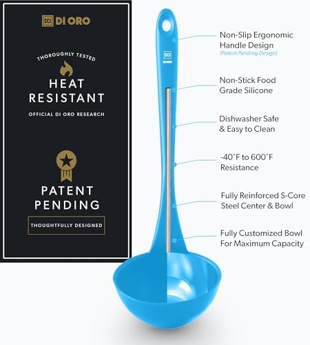 DI ORO Silicone Ladle - Soup & Serving, 600F Heat Resistant, Blue