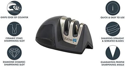 KitchenIQ 50825 | Diamond Deluxe Edge Grip 2-Stage Knife Sharpener | Black | Coarse & Fine Sharpeners | Compact for Easy Storage | Non-Slip Base | Soft Grip Rubber Handle | Straight & Serrated Knives