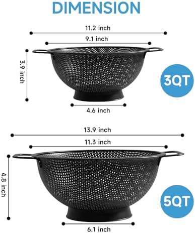 Black Colander for Kitchen, 3QT, Stainless Steel Pasta Strainer with Handle, Pasta Strainer for Fruits Vegetables Cooking Food, Dishwasher Safe