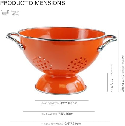 Reston Lloyd, 1.5 Quart Powder Coated Steel Kitchen Strainer Basket for draining Pasta, Vegetable and Fruit, Chrome Handles and Wide Stable Base, Orange