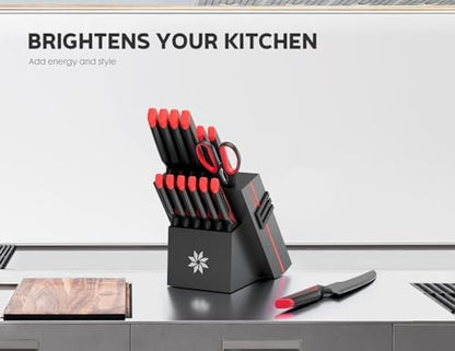 ASETY Knife Set with Block, 15 PCS Kitchen knife Set, Dishwasher Safe, Red