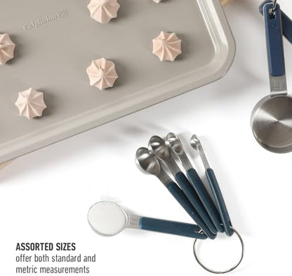 Calphalon Prime Measuring Spoons, Plastic Measuring Spoon Set, 5-Piece Stainless Steel Measuring Spoons Navy Silicone Handle Accurate, Durable for Spices and Small Portions