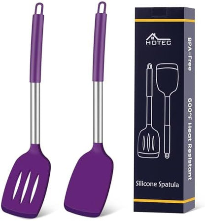 HOTEC Silicone Spatula Set of 2 Heat-Resistant 600°F & BPA-Free Kitchen SaptulaTurner with Stainless Steel Handles, Slotted & Solid Spatulas for Nonstick Cookware, 13.7 Inch, Purple