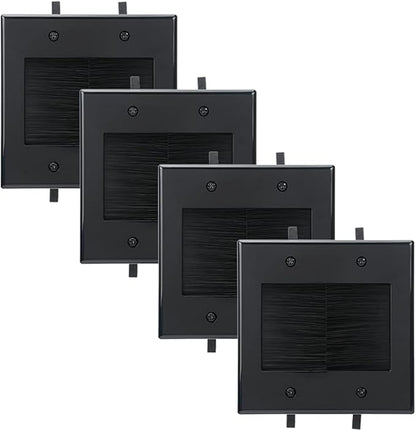 Black Brush Wall Plate, 2 Gang Wall Plate with Built-in Low Voltage Mounting Bracket for Cables Pass Through in-Wall (Pack of 4)