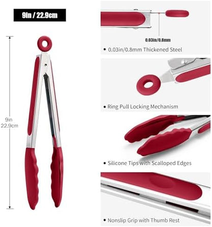 Doosu Kitchen Tongs with Silicone Tips for Cooking Serving (9in, Red)