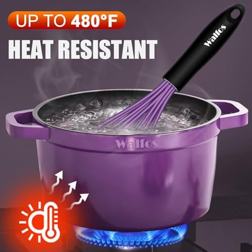 Walfos Whisk, Silicone Whisks Set of 5, Mini Stainless Steel Whisk 7+5in & Non Scratch Coated 7+9+11in Whisks, Suitable for Blending, Whisking, Beating, Frothing & Stirring. (Purple)