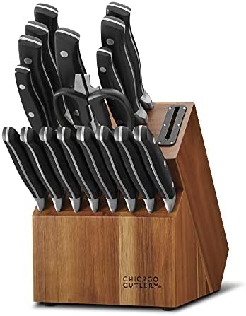 Chicago Cutlery Insignia Triple Rivet Poly (18-PC) Kitchen Knife Block Set With Wooden Block & Built-In Sharpener, Black Ergonomic Handles and Sharp Stainless Steel Professional Chef Knife Set