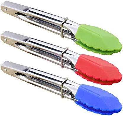 HINMAY 7-Inch Mini Tongs with Silicone Tips, Set of 3 (Green Red Blue)