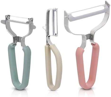 CuttleLab Vegetable Peeler Set – Serrated, Straight & Wide Blades- great apple peeler & potato peelers, Carrots, Zucchini, Cucumbers – Soft Grip Handle- Eye Remover – Dishwasher Safe (3, Country Chic)
