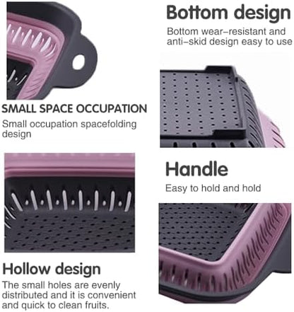 Collapsible Colander Set, Square Round Triangles Silicone Kitchen Strainer Perfect for Draining Pasta Vegetable fruit 2 PCS (10.8"L x 8.6"W x 2"H, Red & Green)