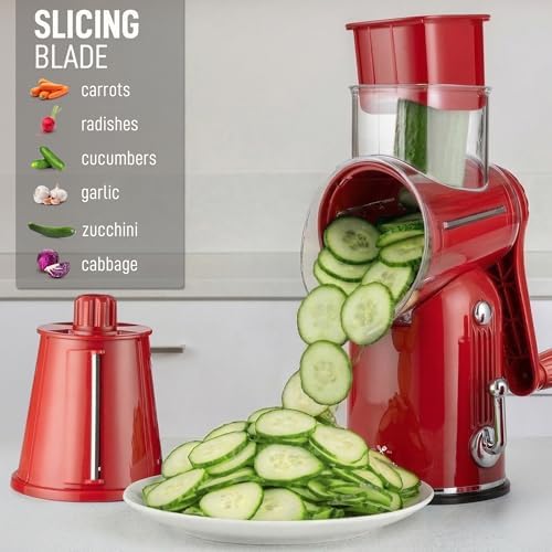 Rotary Cheese Grater Manual Hand Crank 5 Blade Shredder, Classic Red