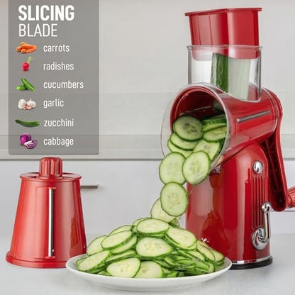 Rotary Cheese Grater Manual Hand Crank 5 Blade Shredder, Classic Red