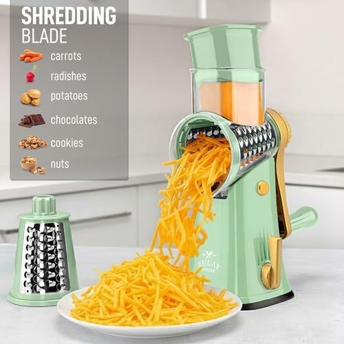 Rotary Cheese Grater Manual Hand Crank 5 Blade Shredder, Sea Foam & Gold