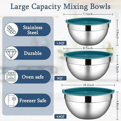 LIANYU Mixing Bowls Set with Lids, Stainless Steel Kitchen Bowls Set of 3