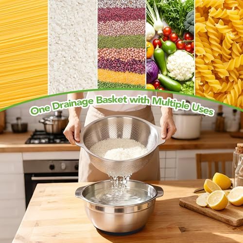 304 Stainless Steel Colander and Strainer, 5QT Large Capacity and 6QT Mixing Bowl, Micropore for Washing Rice, Fruit, and Cooked Pasta, Perfect Draining for Grain and Bean